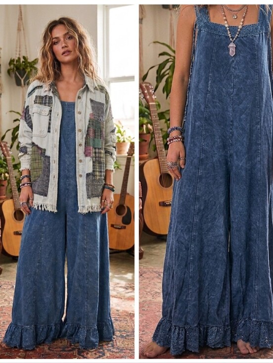 Pants - Washed Indigo Wide-Leg Jumpsuit - Blue